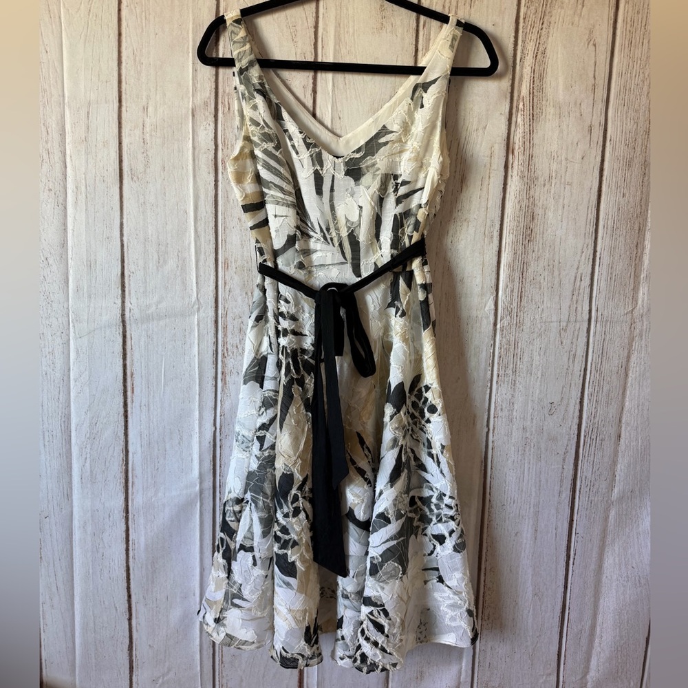 S.L. Fashions White and Black Lace-Overlay Midi Dress with Black Tie